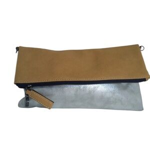 Ann Taylor Loft Fold-Over Leather Crossbody Live Laugh Loft Tan & Silver